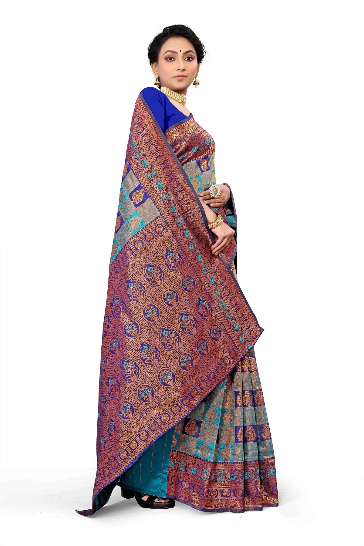 Glimmering Threads: Exquisite Silk Sarees for Women's (SAREE D2-BLUE)