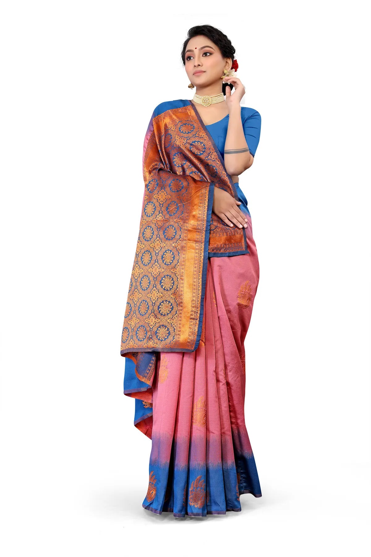Glimmering Threads: Exquisite Silk Sarees for Women's (SAREE D3-BLUE-PINK)