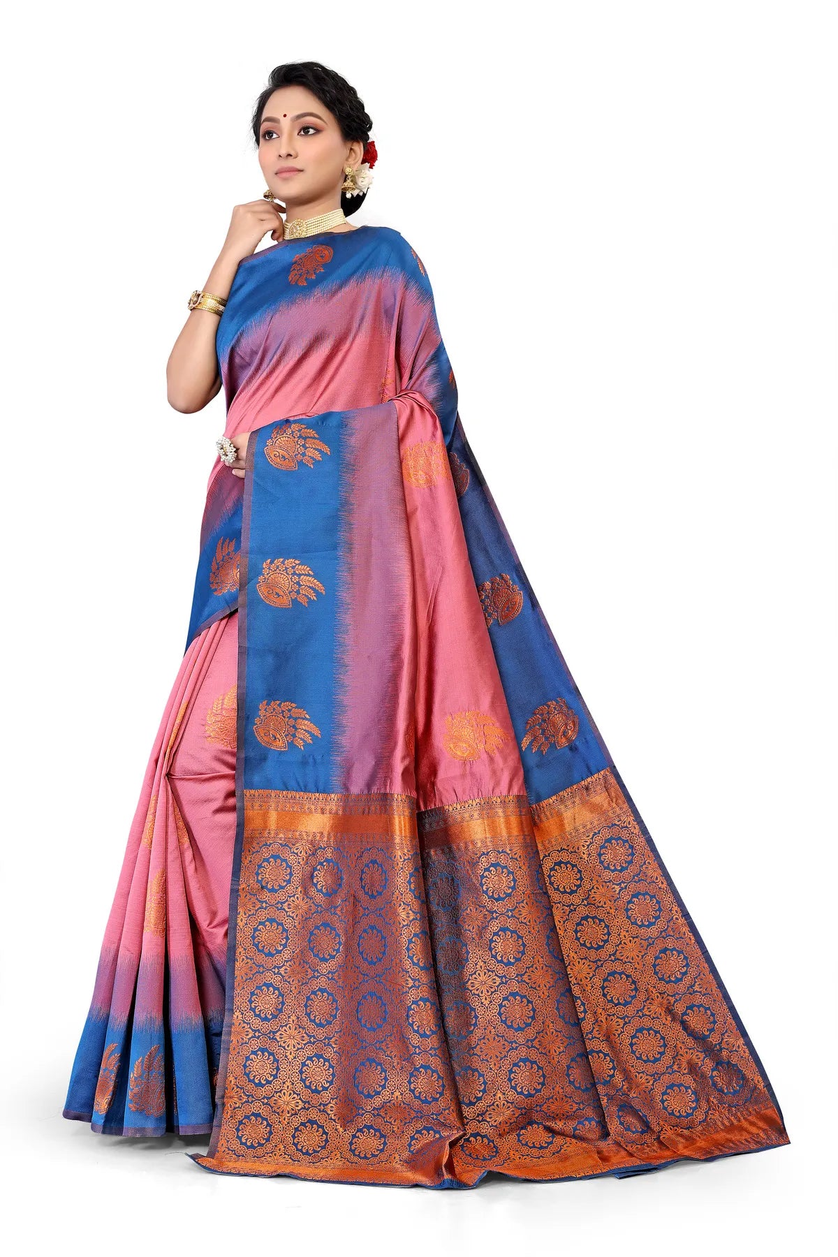 Glimmering Threads: Exquisite Silk Sarees for Women's (SAREE D3-BLUE-PINK)