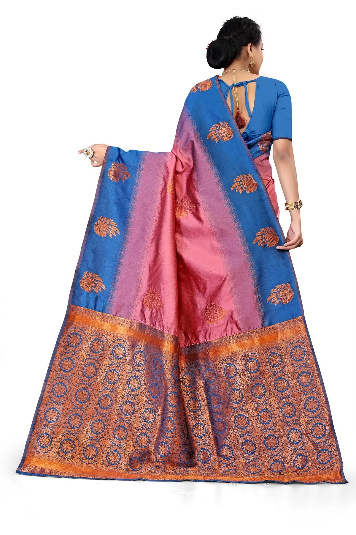 Glimmering Threads: Exquisite Silk Sarees for Women's (SAREE D3-BLUE-PINK)