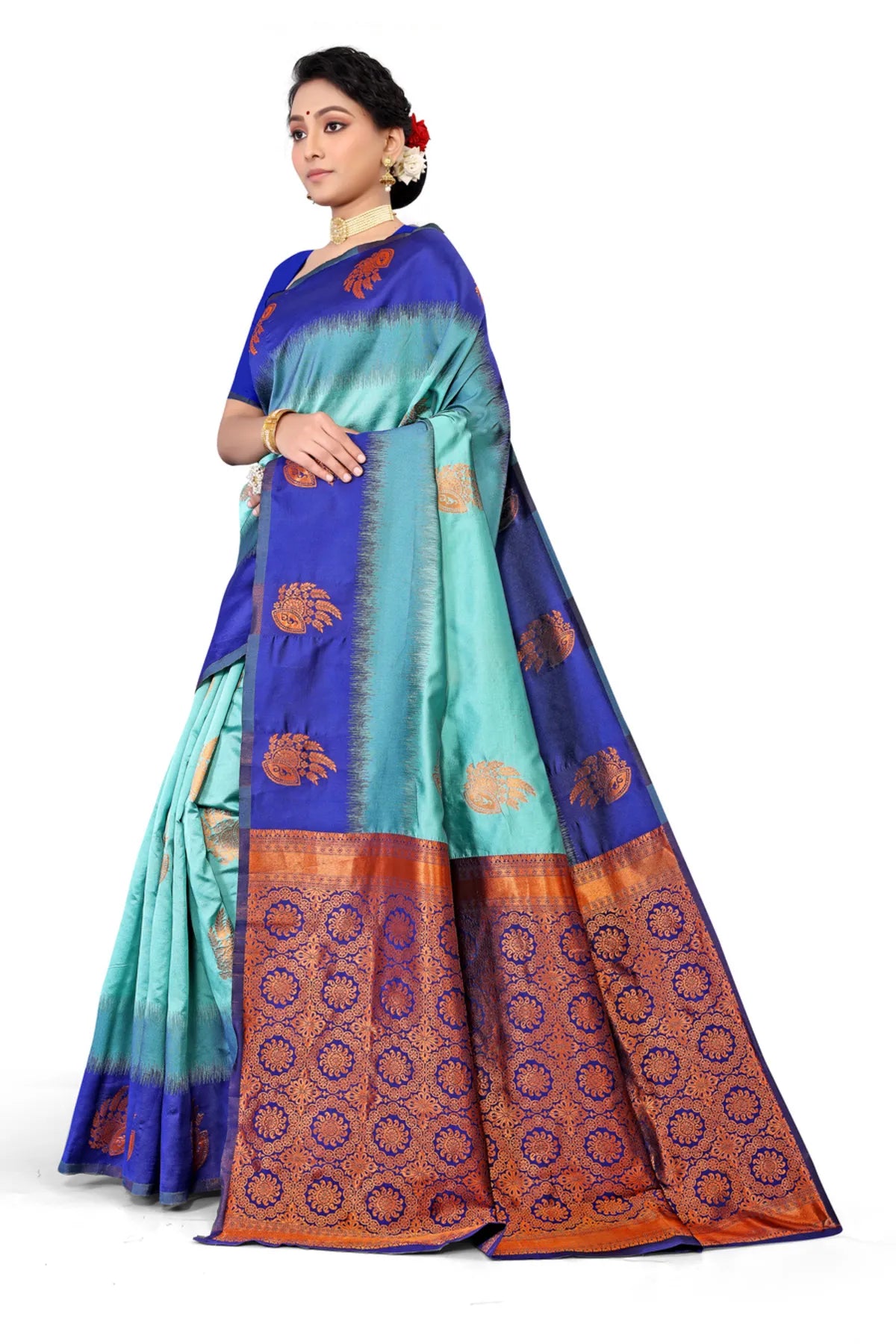 Glimmering Threads: Exquisite Silk Sarees for Women's (SAREE D3-BLUE-SEA BLUE)