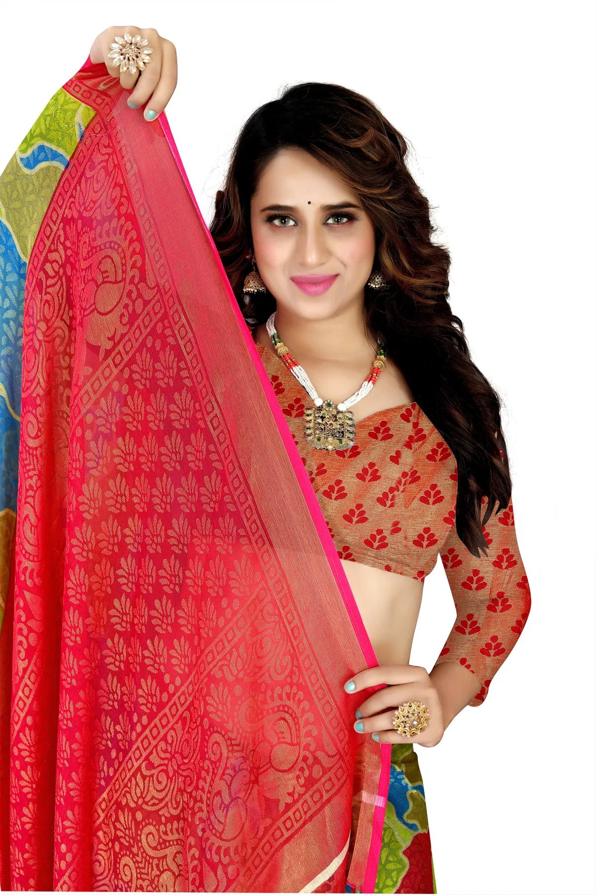 Glimmering Threads: Exquisite Silk Sarees for Women's (SAREE D5-GREEN-RED)