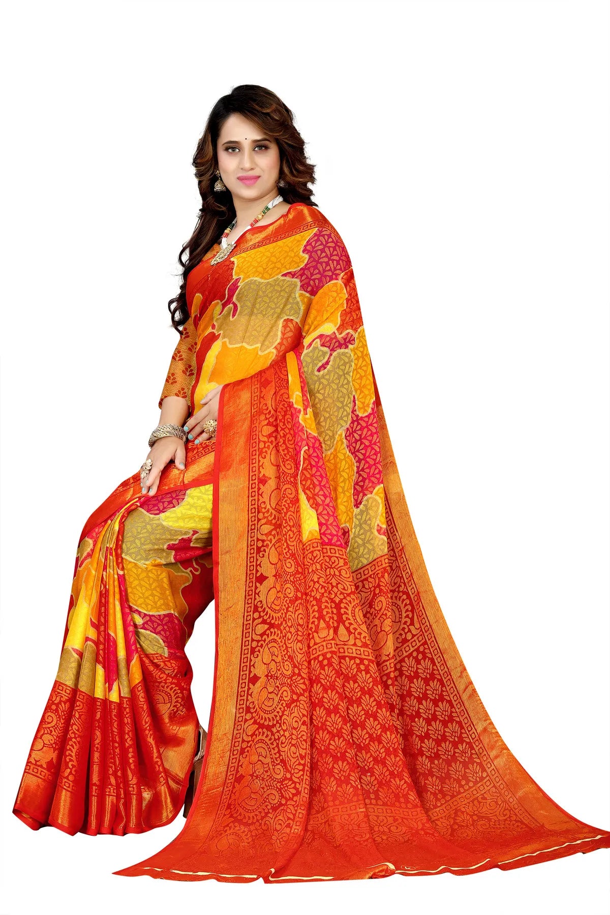Glimmering Threads: Exquisite Silk Sarees for Women's (SAREE D5-YELLOW-RED)