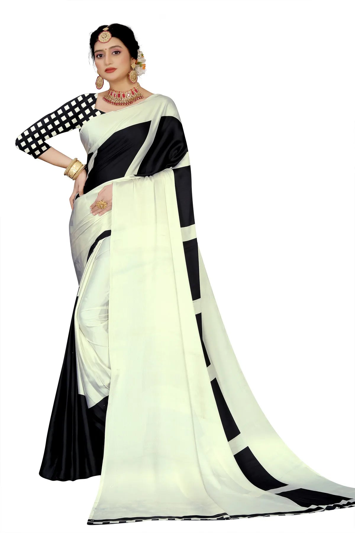 Glimmering Threads: Exquisite Silk Sarees for Women's (SAREE D8-WHITE-BLACK)