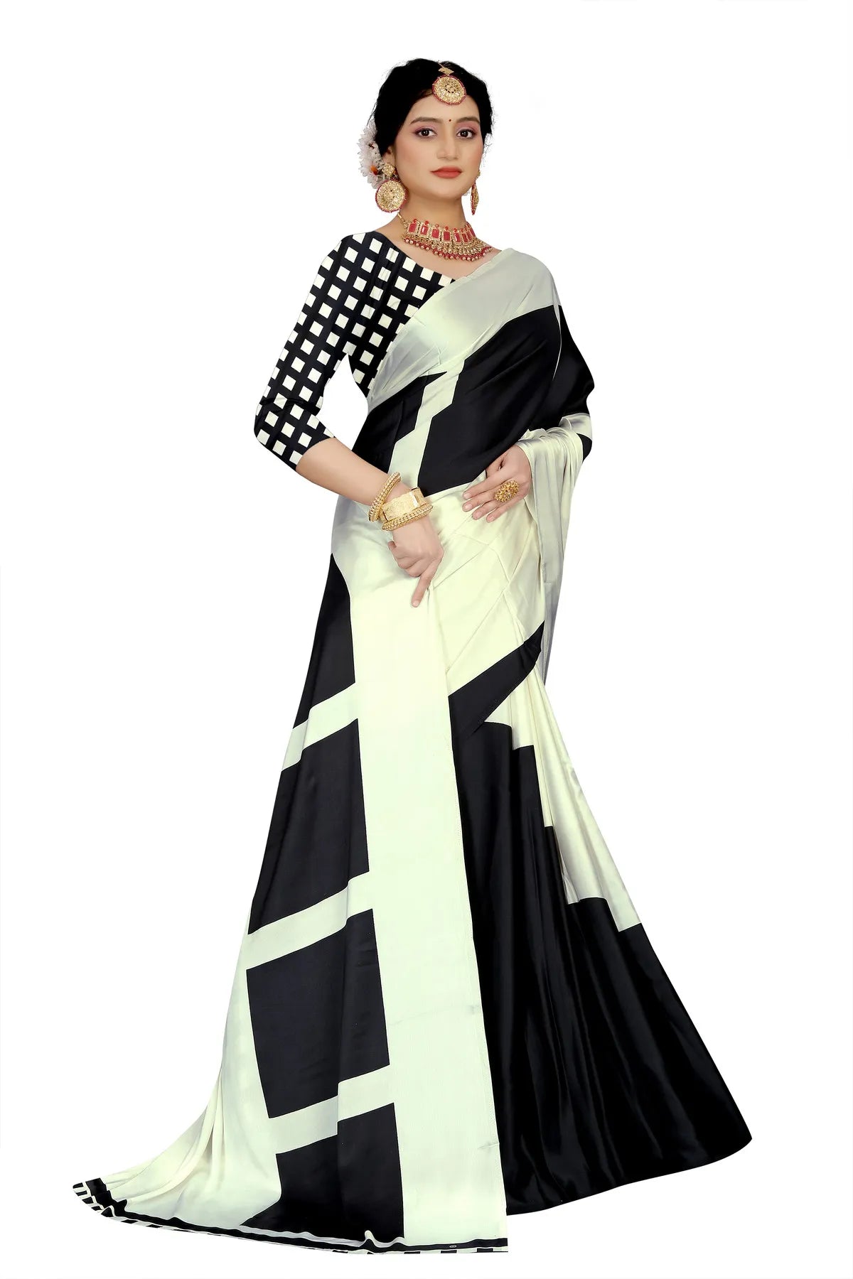 Glimmering Threads: Exquisite Silk Sarees for Women's (SAREE D8-WHITE-BLACK)