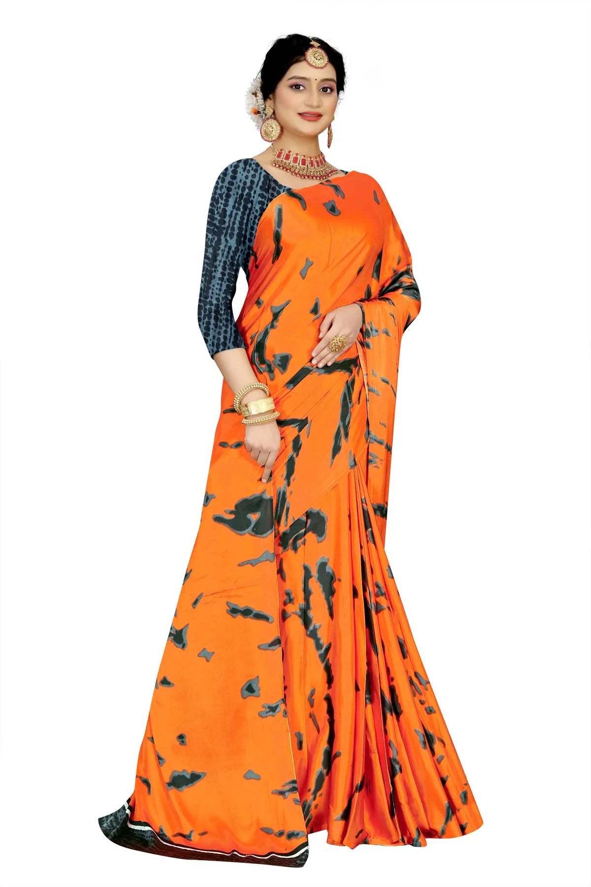 Glimmering Threads: Exquisite Silk Sarees for Women's (SAREE D8-ORANGE-BLUE)