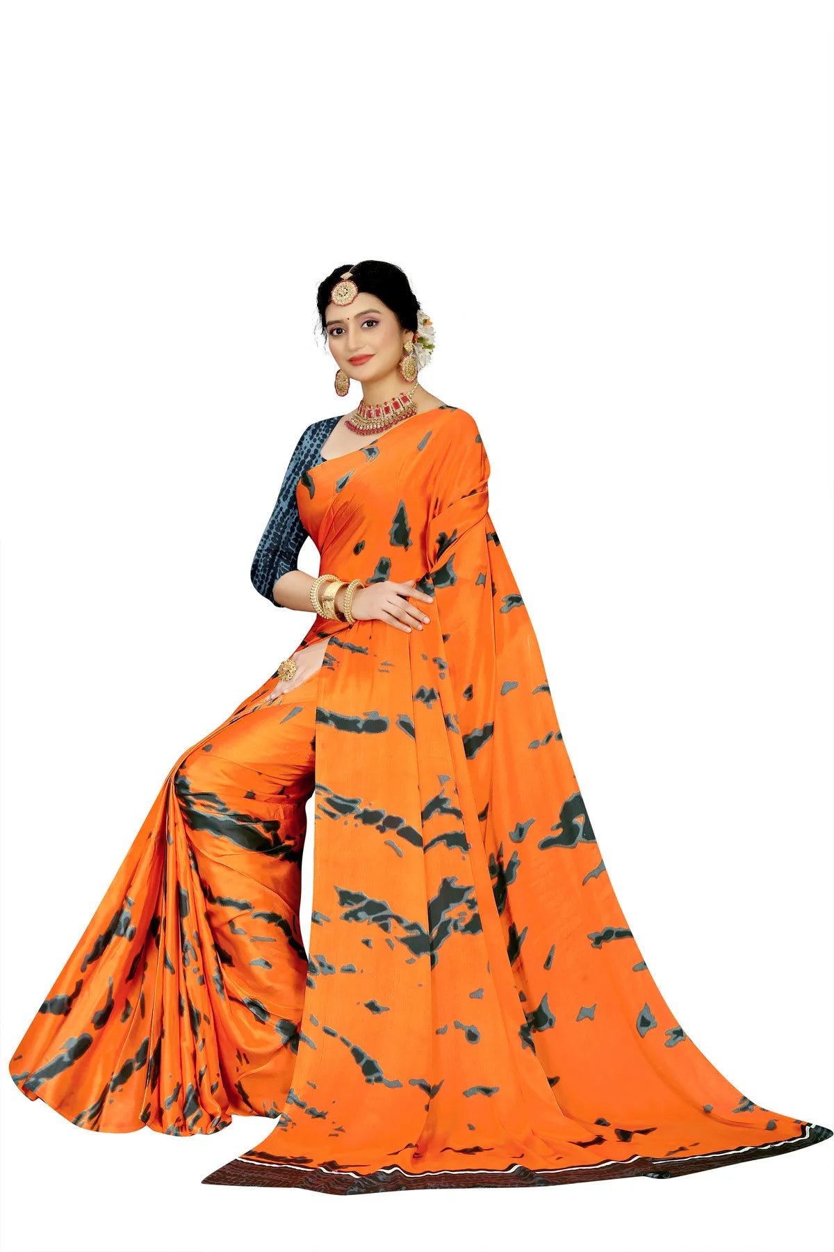 Glimmering Threads: Exquisite Silk Sarees for Women's (SAREE D8-ORANGE-BLUE)
