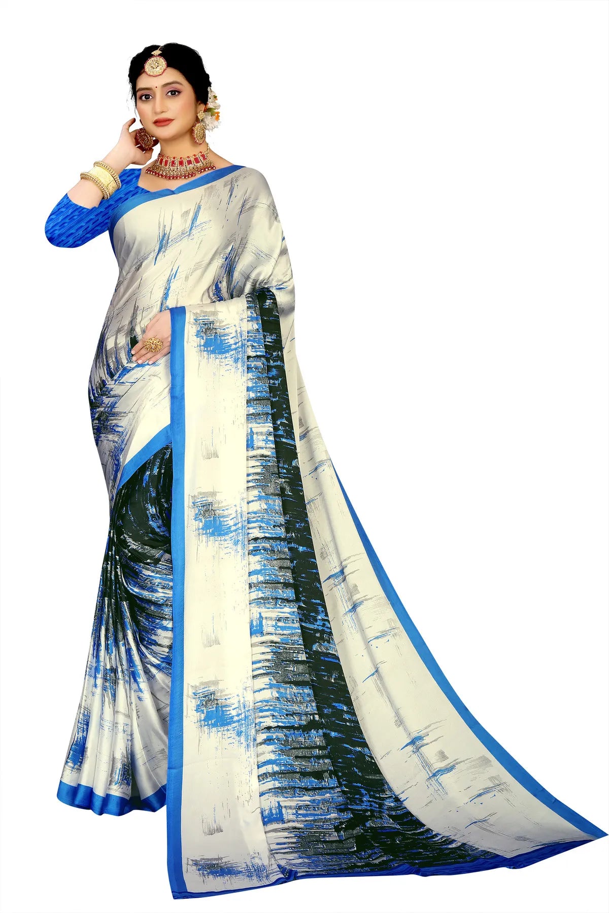 Glimmering Threads: Exquisite Silk Sarees for Women's (SAREE D8-WHITE-BLUE)