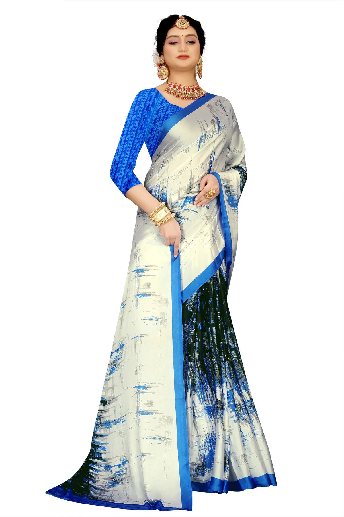 Glimmering Threads: Exquisite Silk Sarees for Women's (SAREE D8-WHITE-BLUE)