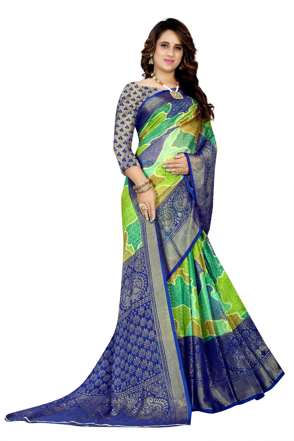 Glimmering Threads: Exquisite Silk Sarees for Women's (SAREE D9-GREEN-BLUE)