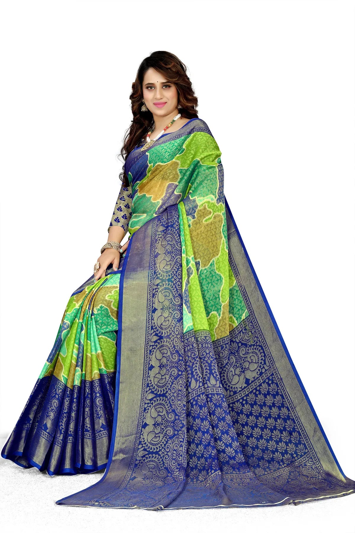 Glimmering Threads: Exquisite Silk Sarees for Women's (SAREE D9-GREEN-BLUE)