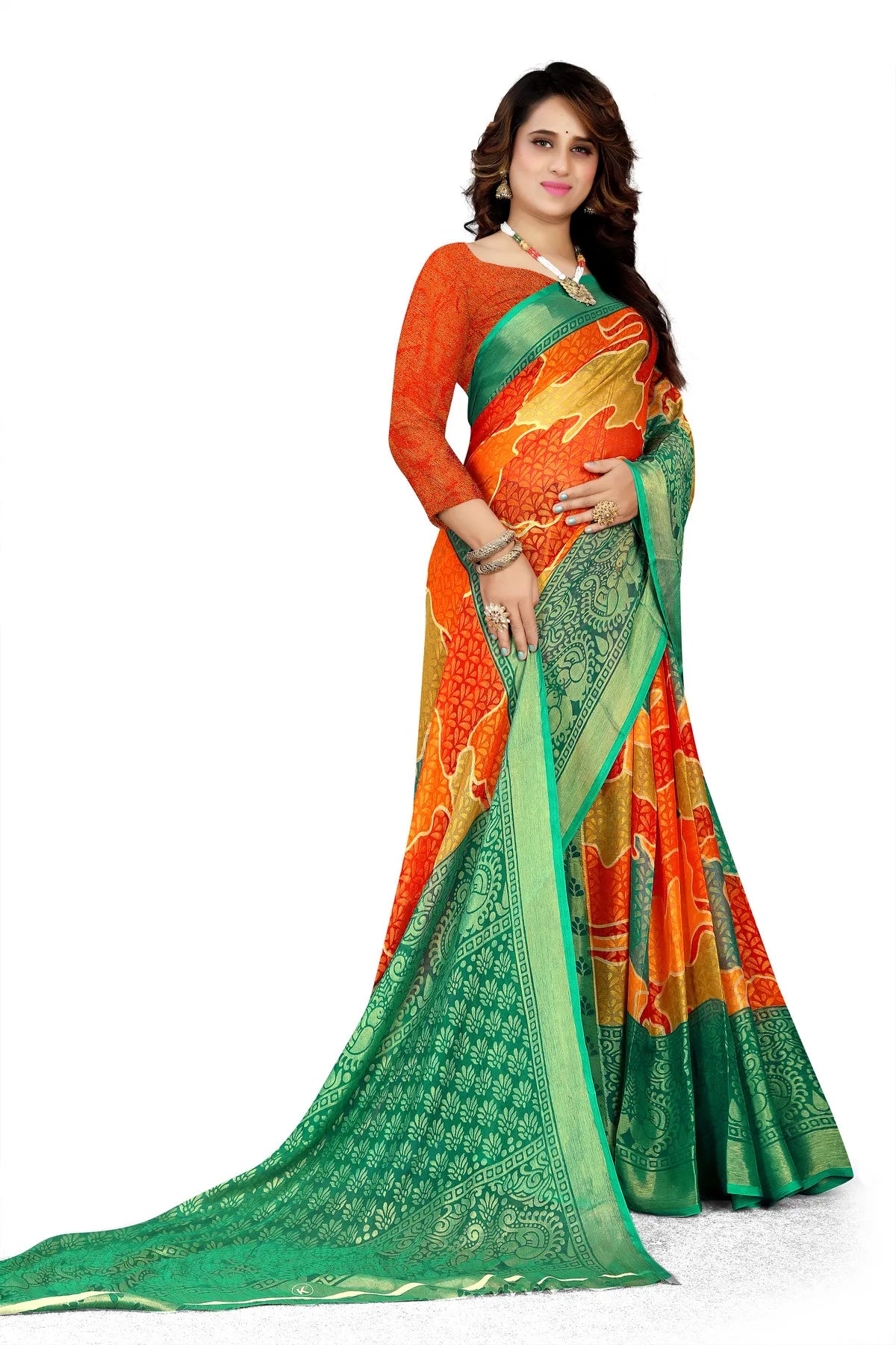 Glimmering Threads: Exquisite Silk Sarees for Women's (SAREE D9-ORANGE-GREEN)