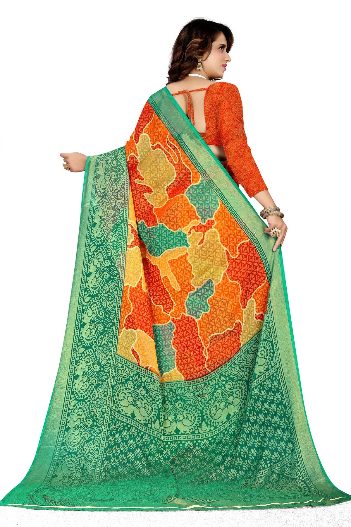 Glimmering Threads: Exquisite Silk Sarees for Women's (SAREE D9-ORANGE-GREEN)