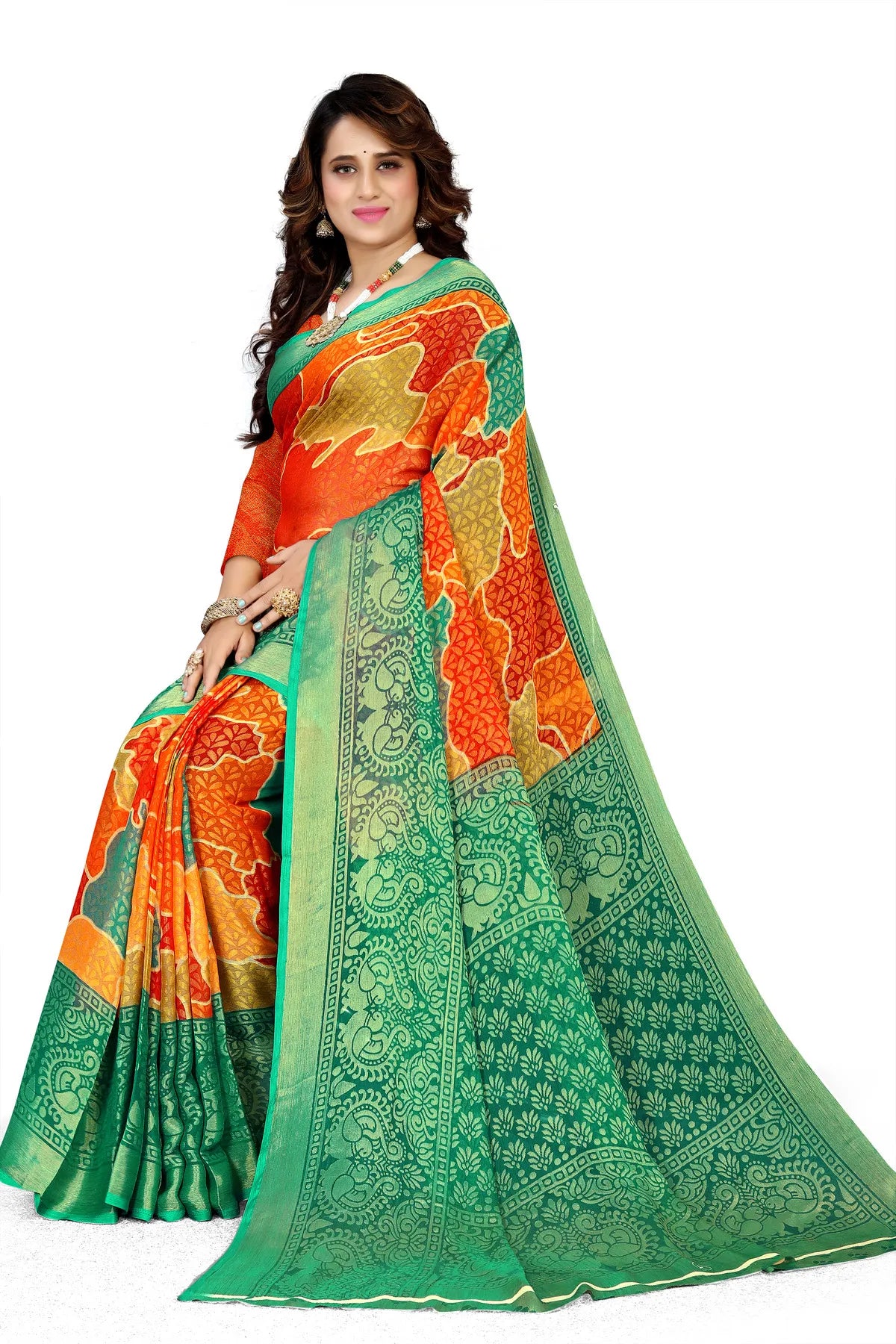 Glimmering Threads: Exquisite Silk Sarees for Women's (SAREE D9-ORANGE-GREEN)