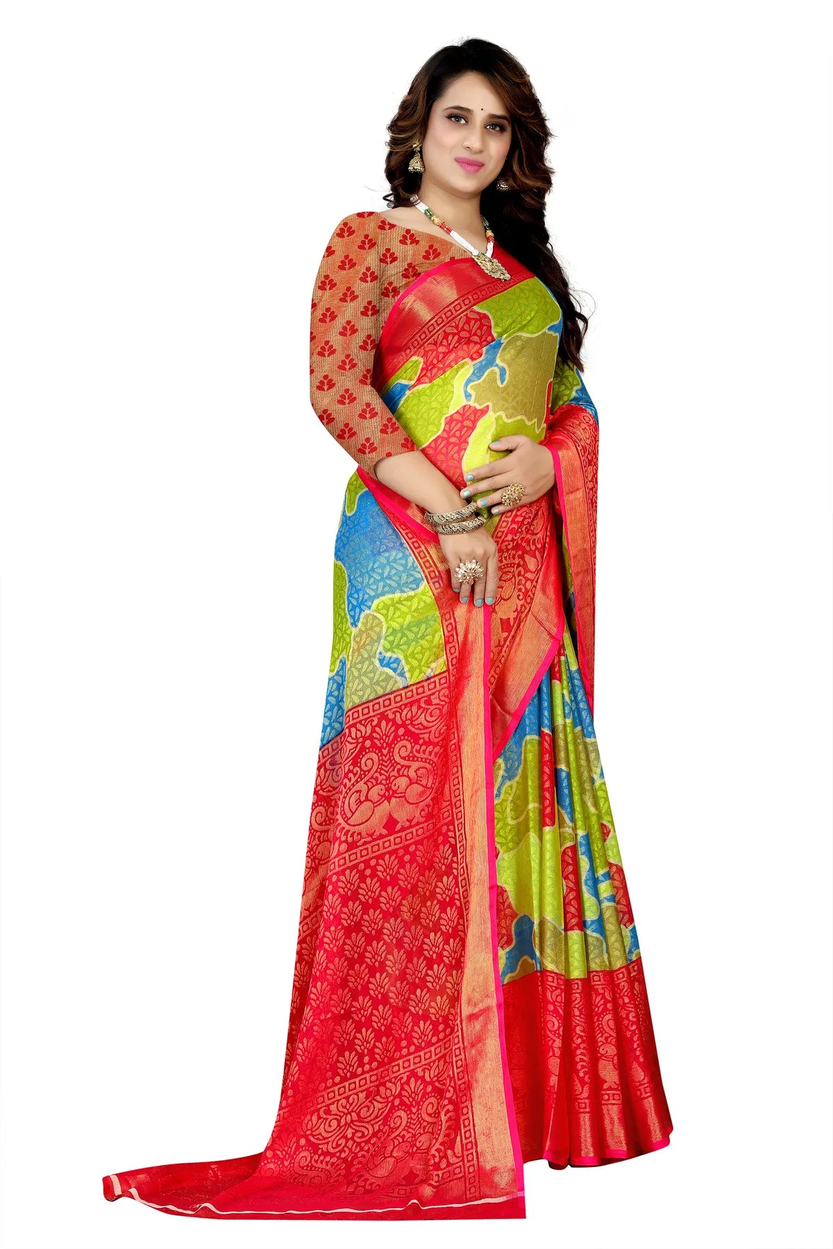 Glimmering Threads: Exquisite Silk Sarees for Women's (SAREE D9-RED-GREEN)