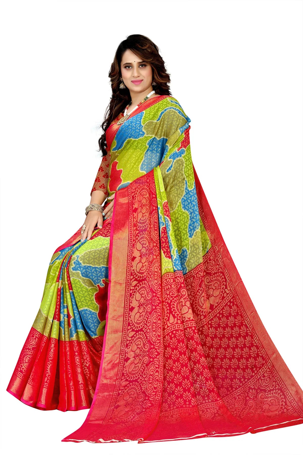 Glimmering Threads: Exquisite Silk Sarees for Women's (SAREE D9-RED-GREEN)