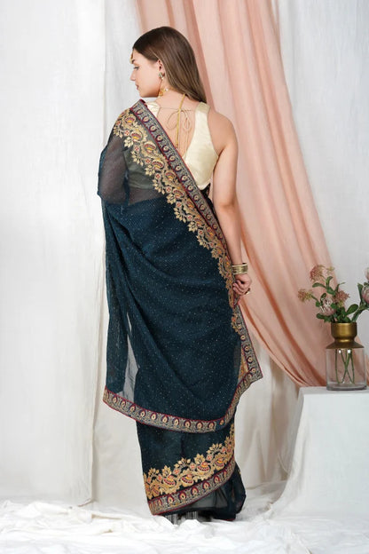 "Lightweight Fold Chiffon Saree for Festive Occasions" -SAREE D17-Green