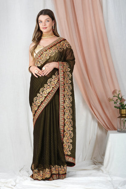 "Lightweight Fold Chiffon Saree for Festive Occasions" -SAREED17(Mehandi-Green)