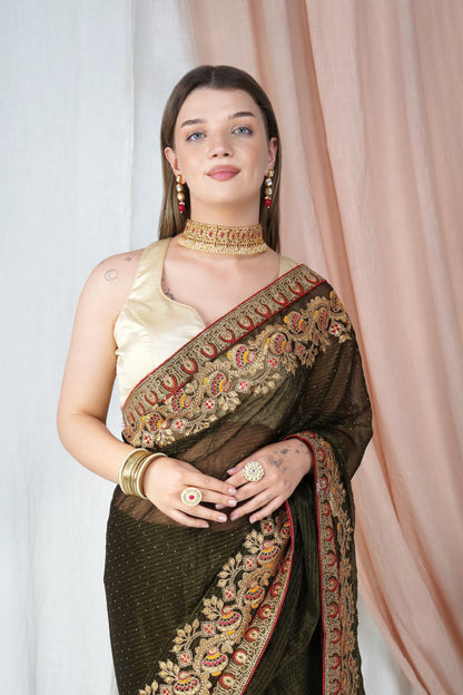 "Lightweight Fold Chiffon Saree for Festive Occasions" -SAREED17(Mehandi-Green)