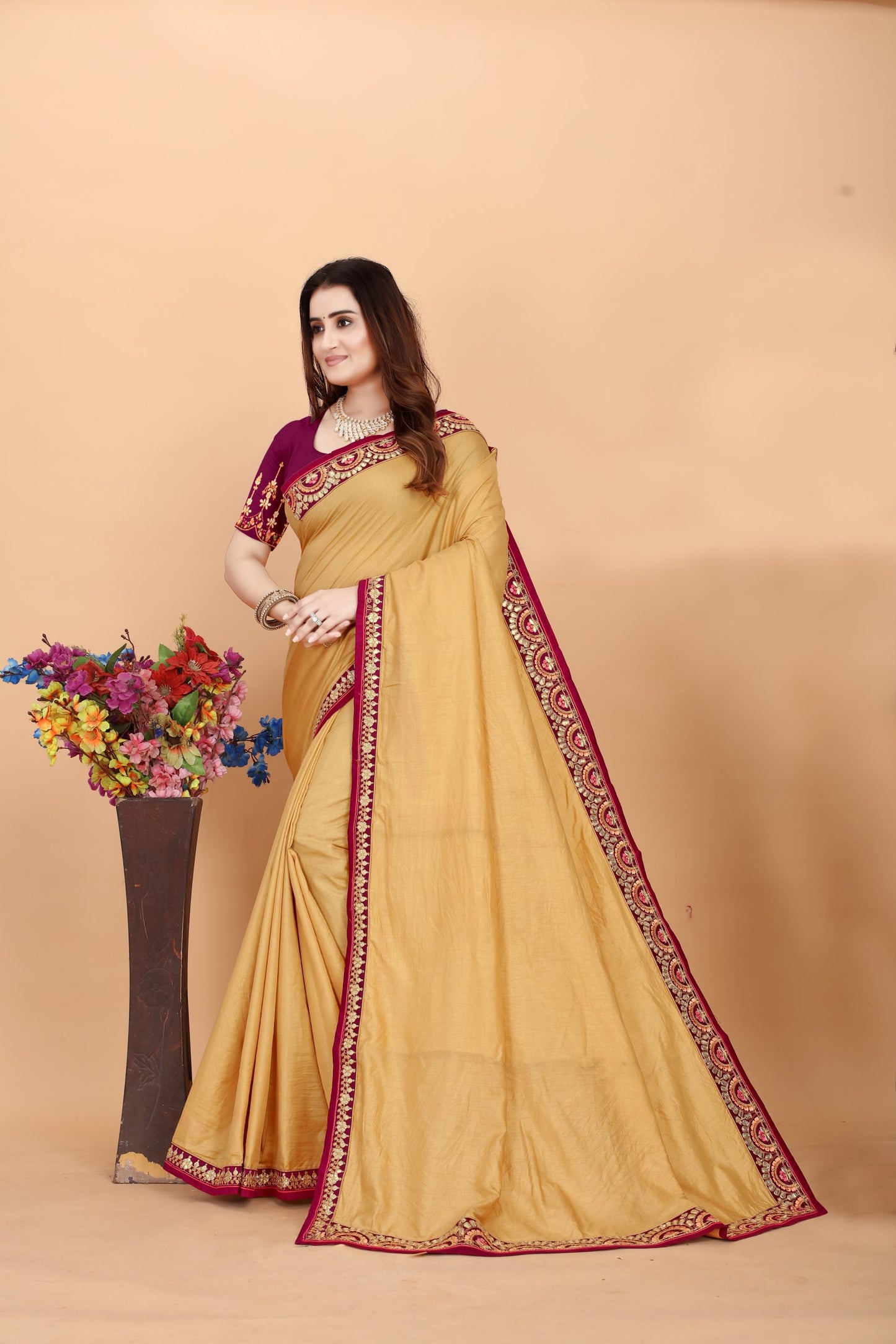 Embroider: Tussar Silk Sarees Sarees for Every Occasion For Women's D22(Gold)