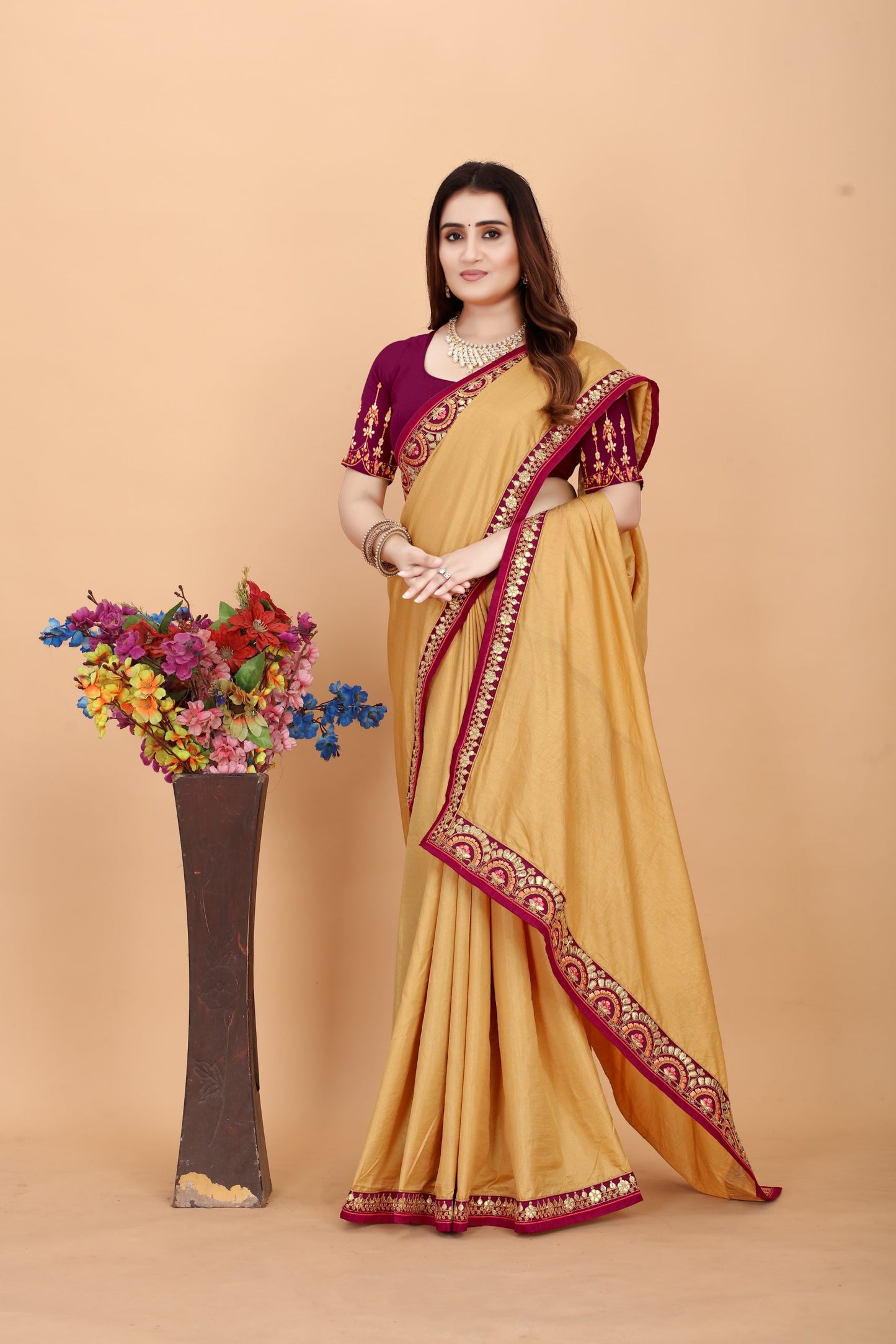 Embroider: Tussar Silk Sarees Sarees for Every Occasion For Women's D22(Gold)