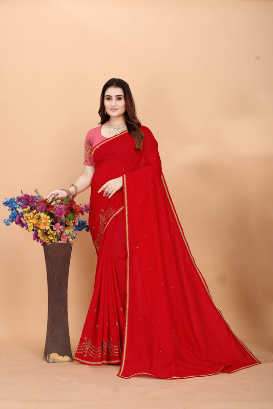 Embroider: Tussar Silk Sarees Sarees for Every Occasion For Women's D22(Red &amp; Pink )