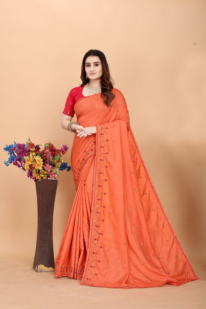 Embroider: Tussar Silk Sarees Sarees for Every Occasion For Women's D22(Orange & Pink)