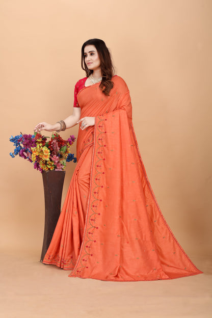 Embroider: Tussar Silk Sarees Sarees for Every Occasion For Women's D22(Orange & Pink)