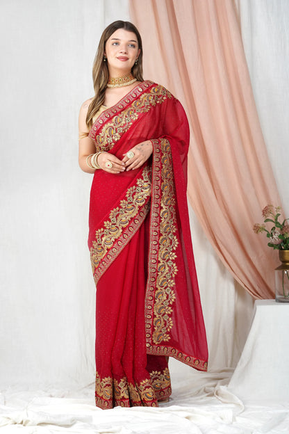 "Lightweight Fold Chiffon Saree for Festive Occasions"-SAREE D17(Red)