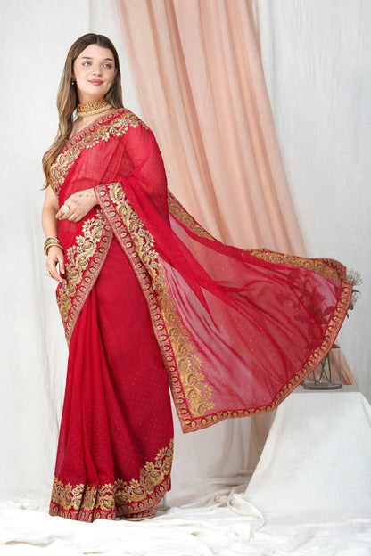 "Lightweight Fold Chiffon Saree for Festive Occasions"-SAREE D17(Red)