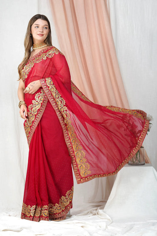 "Lightweight Fold Chiffon Saree for Festive Occasions"-SAREE D17(Red)