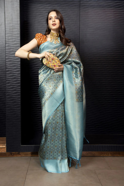 Glimmering Threads: Exquisite Silk Sarees for Women's (A SAREE D1-BLUE)
