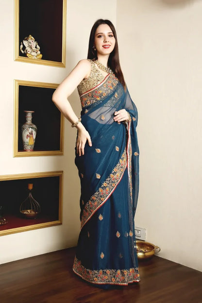 Enchanted Sparkle  Shimmer Chiffon Sarees (A)SAREE D10-BLUE