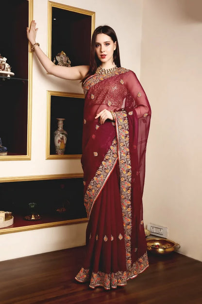 Enchanted Sparkle  Shimmer Chiffon Sarees (A)SAREE D10-Purple
