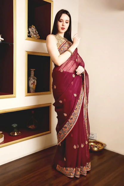 Enchanted Sparkle  Shimmer Chiffon Sarees (A)SAREE D10-Purple