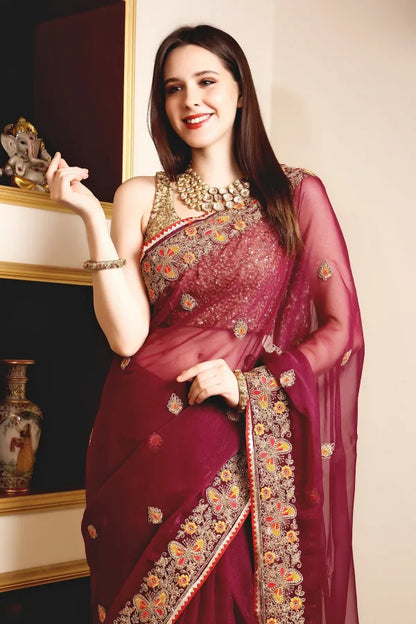 Enchanted Sparkle  Shimmer Chiffon Sarees (A)SAREE D10-Purple