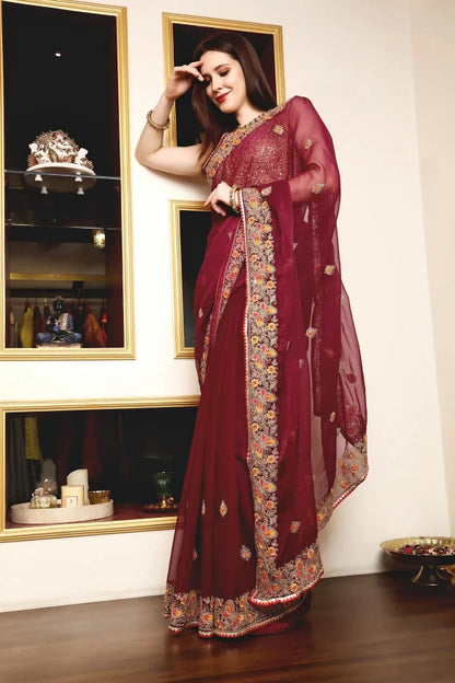 Enchanted Sparkle  Shimmer Chiffon Sarees (A)SAREE D10-Purple