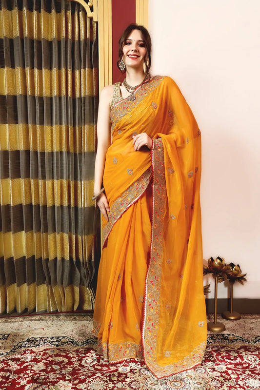 Enchanted Sparkle  Shimmer Chiffon Sarees (A)SAREE D10-Yellow