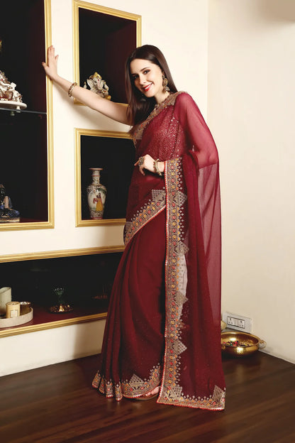 Enchanted Sparkle  Shimmer Chiffon Sarees A-SAREE D11-Purple