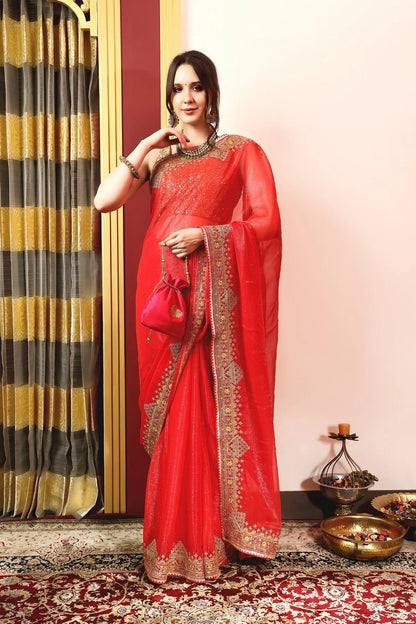 Enchanted Sparkle  Shimmer Chiffon Sarees A-SAREE D11-Red
