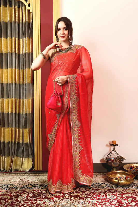 Enchanted Sparkle  Shimmer Chiffon Sarees A-SAREE D11-Red
