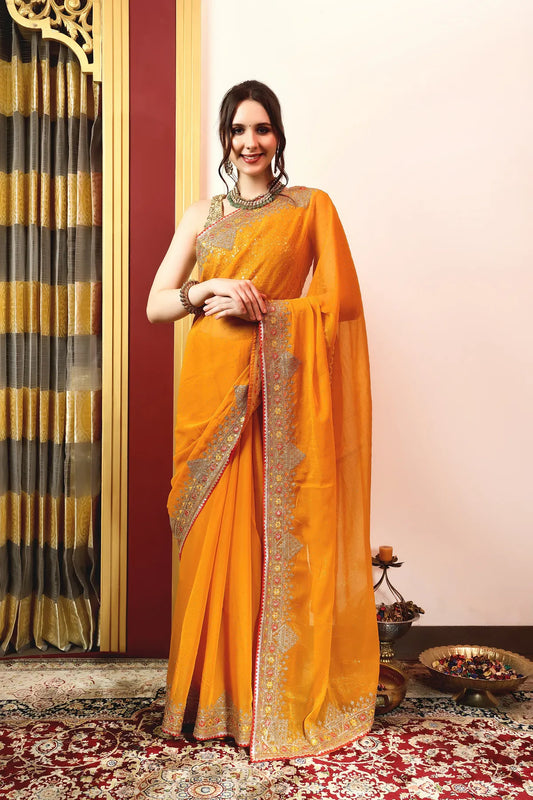 Enchanted Sparkle  Shimmer Chiffon Sarees A-SAREE D11-Yellow