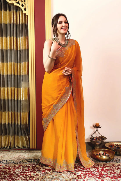 Enchanted Sparkle  Shimmer Chiffon Sarees A-SAREE D11-Yellow