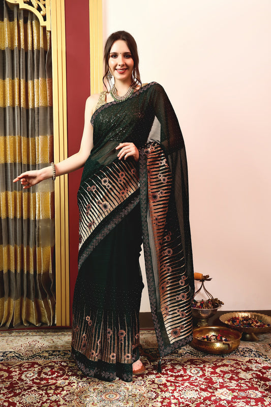 Enchanted Sparkle  Shimmer Chiffon Sarees A-D12-Green