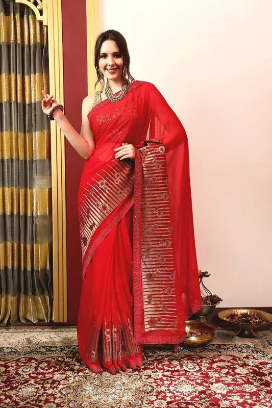Enchanted Sparkle  Shimmer Chiffon Sarees A-D12-Red