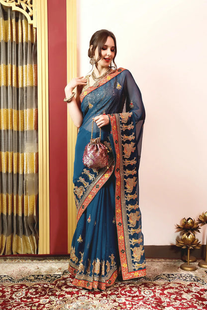 Enchanted Sparkle  Shimmer Chiffon Sarees (A) SAREE D13-Blue