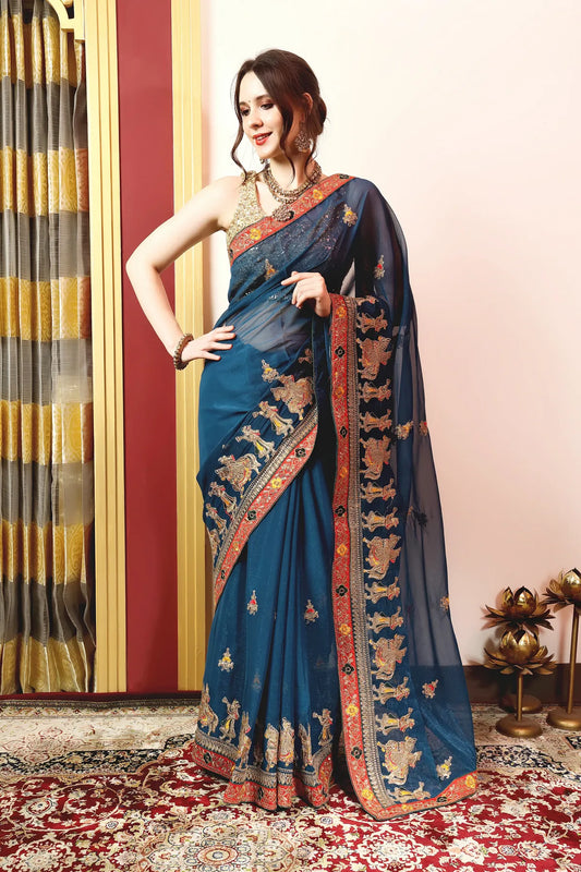 Enchanted Sparkle  Shimmer Chiffon Sarees (A) SAREE D13-Blue