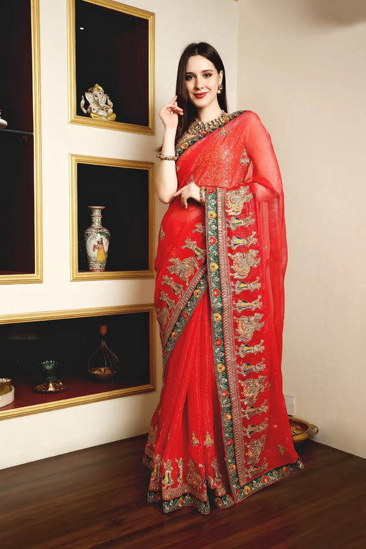 Enchanted Sparkle  Shimmer Chiffon Sarees (A) SAREE D13-Red