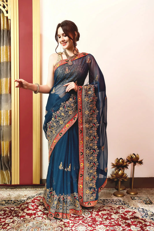 Enchanted Sparkle  Shimmer Chiffon Sarees (A)-SAREE D14-Blue