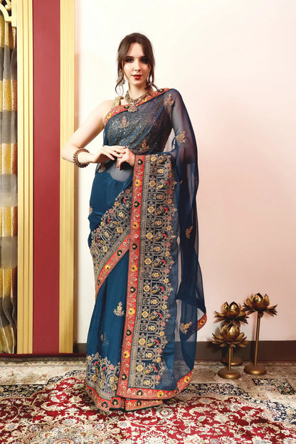 Enchanted Sparkle  Shimmer Chiffon Sarees (A)-SAREE D14-Blue